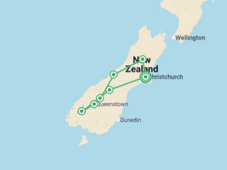 Map itinerary of New Zealand Tour in Fall with 7 destination visits for the trip: New Zealand South Island: Alps & Adrenaline