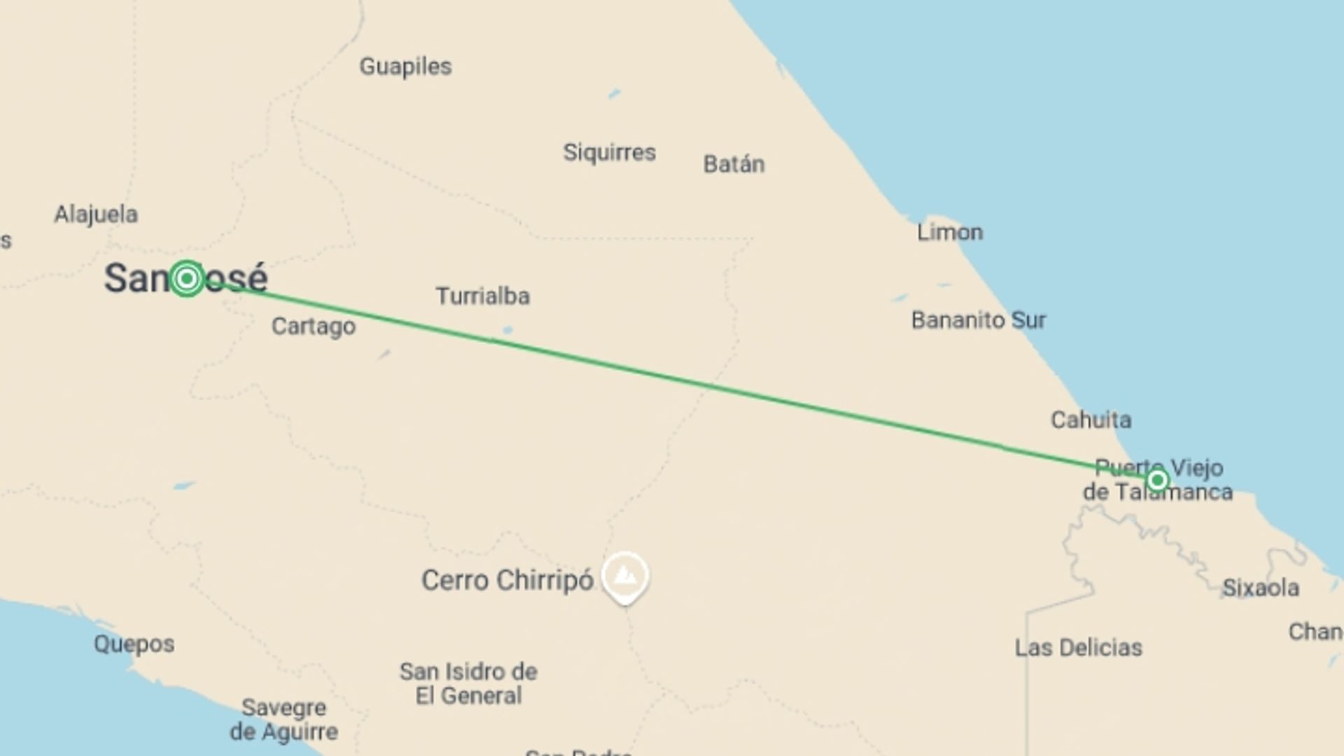 A map showing the tour itinerary for the trip: Puerto Viejo Beach, Short Break, starting in San Jose, Costa Rica and ending in San Jose, Costa Rica going through 1 other destinations.