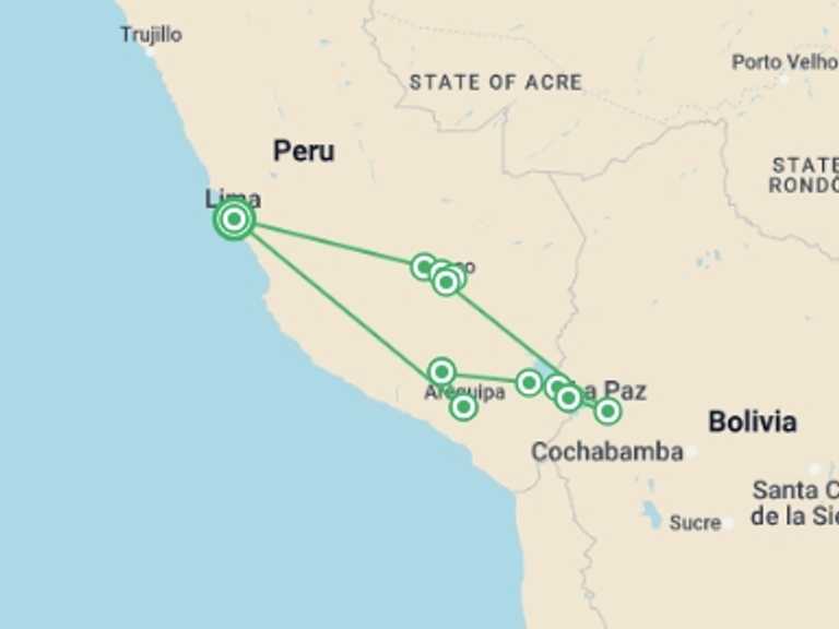 Map itinerary of Colca Canyon Tour in Winter with 9 destination visits for the trip: Peru Encompassed - 20 days