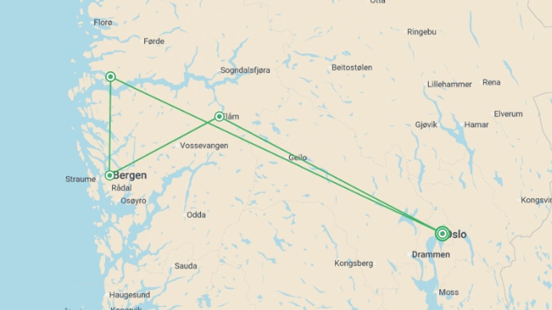 A map showing the tour itinerary for the trip: Discover the Norwegian Fjords, starting in Oslo, Norway and ending in Oslo, Norway going through 3 other destinations.
