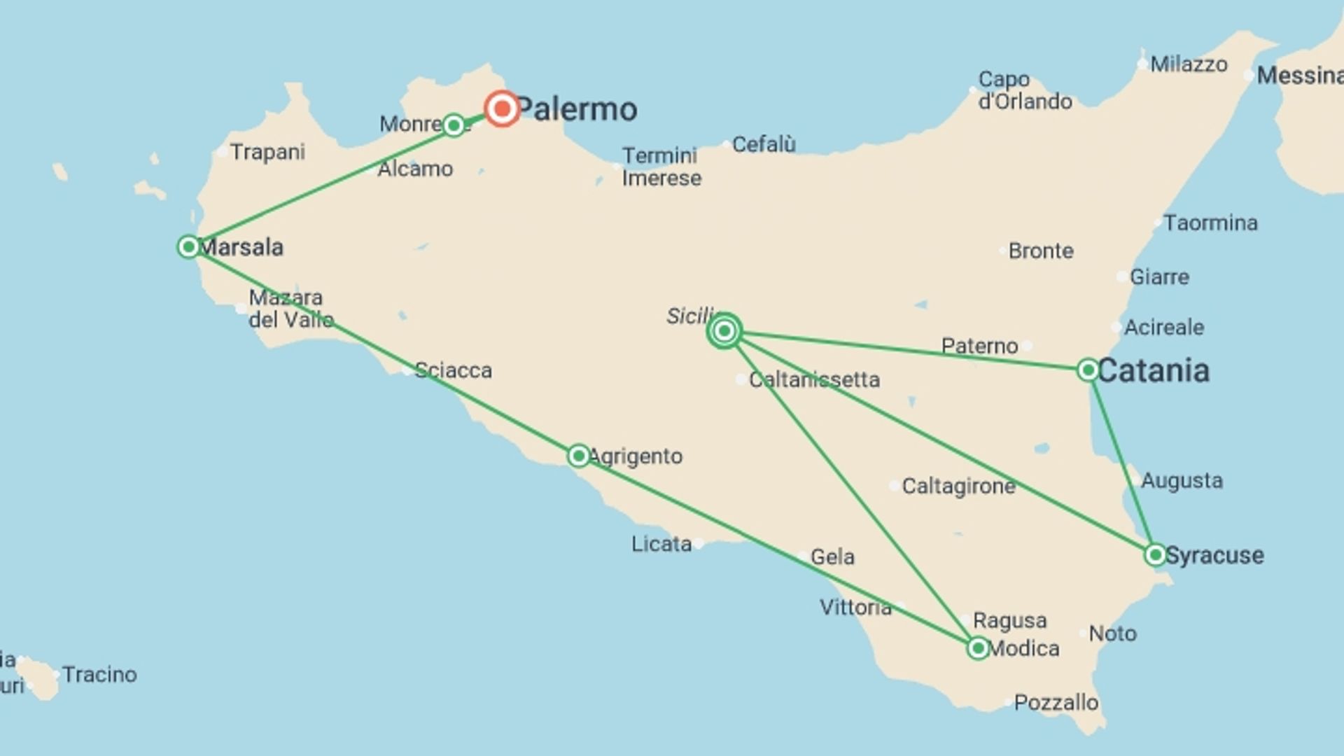 A map showing the tour itinerary for the trip: Sicilian Secrets, starting in Sicily, Italy and ending in Palermo, Italy going through 4 other destinations.