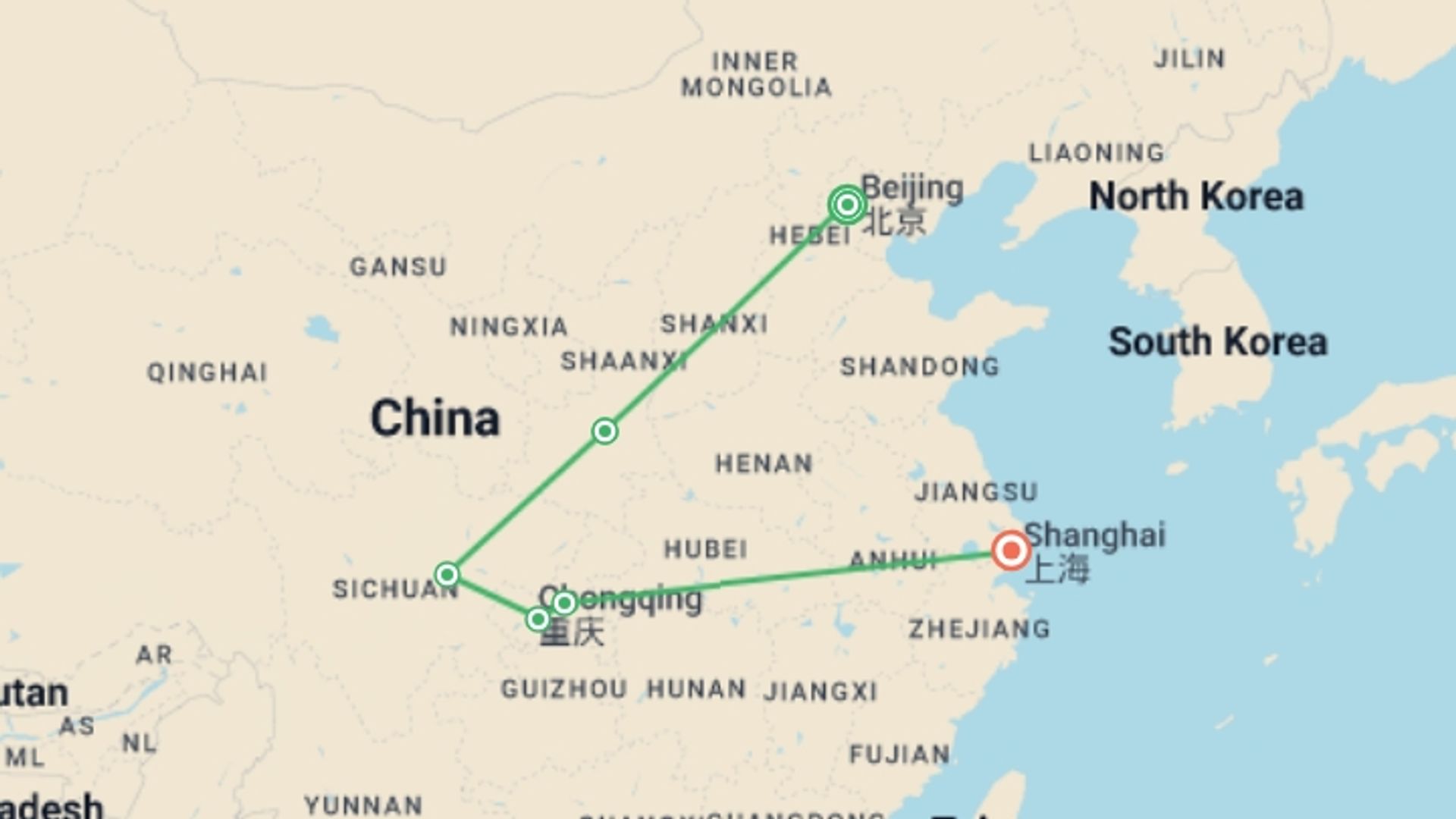 A map showing the tour itinerary for the trip: Beijing to Yangtze River & Shanghai - 13 days, starting in Beijing, China and ending in Shanghai, China going through 4 other destinations.