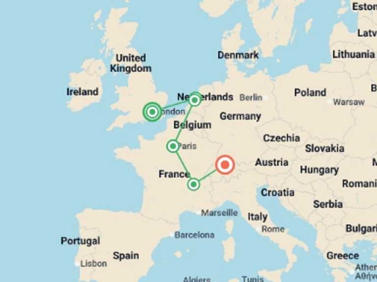 Map itinerary of Europe Tour in May 2026 with 6 destination visits for the trip: Trekking Through the Continent GO