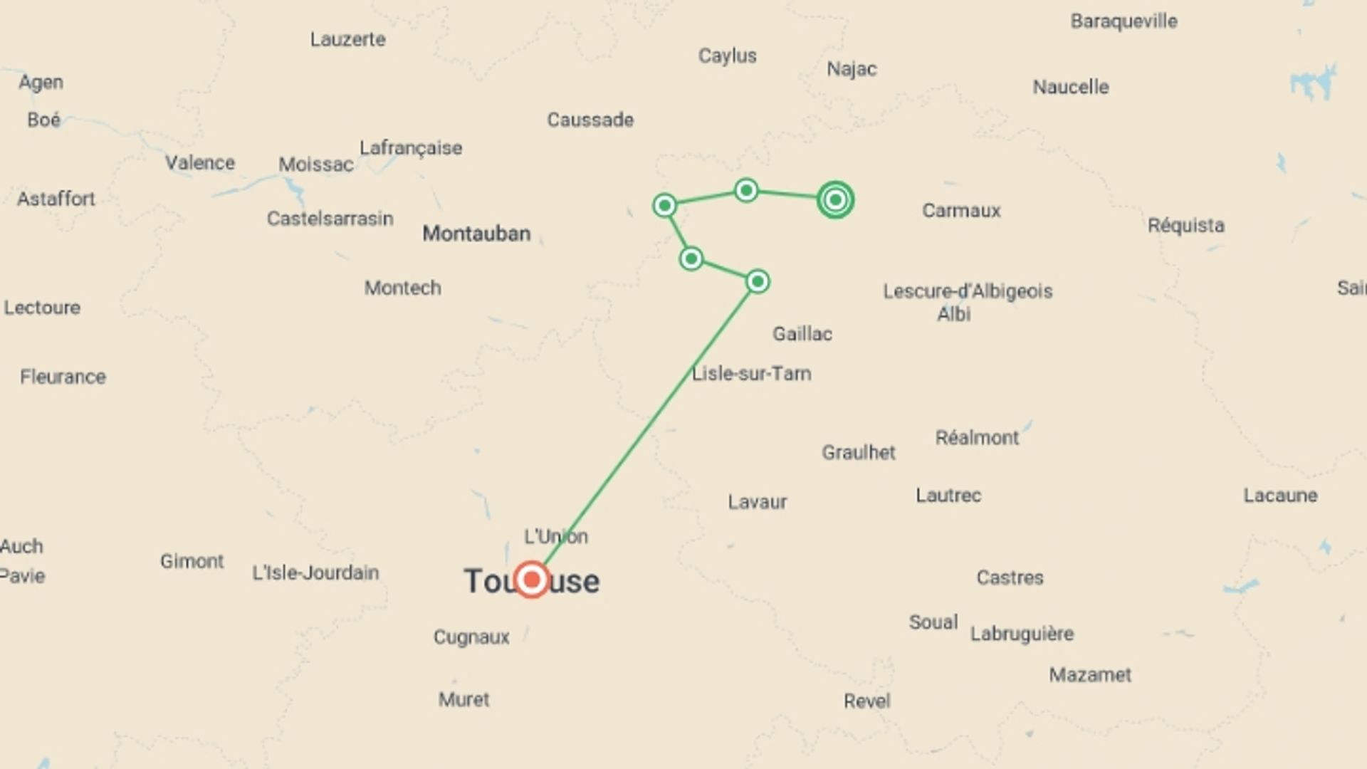 A map showing the tour itinerary for the trip: Hill Top Villages of  Medieval Tarn, starting in Cordes, France and ending in Toulouse, France going through 4 other destinations.