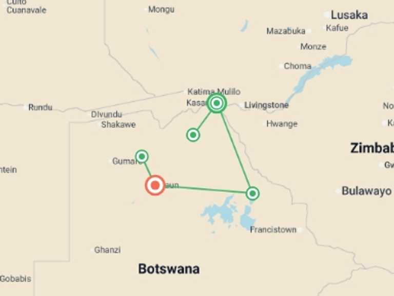 Map itinerary of Africa Tour in September 2026 with 5 destination visits for the trip: Complete Botswana: National Parks & Delta Wildlife