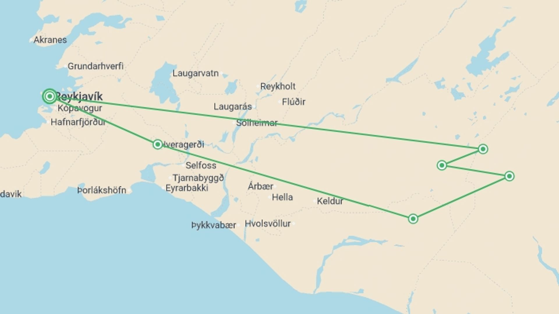 A map showing the tour itinerary for the trip: Laugavegur Trek 4D/3N, starting in Reykjavik, Iceland and ending in Reykjavik, Iceland going through 3 other destinations.