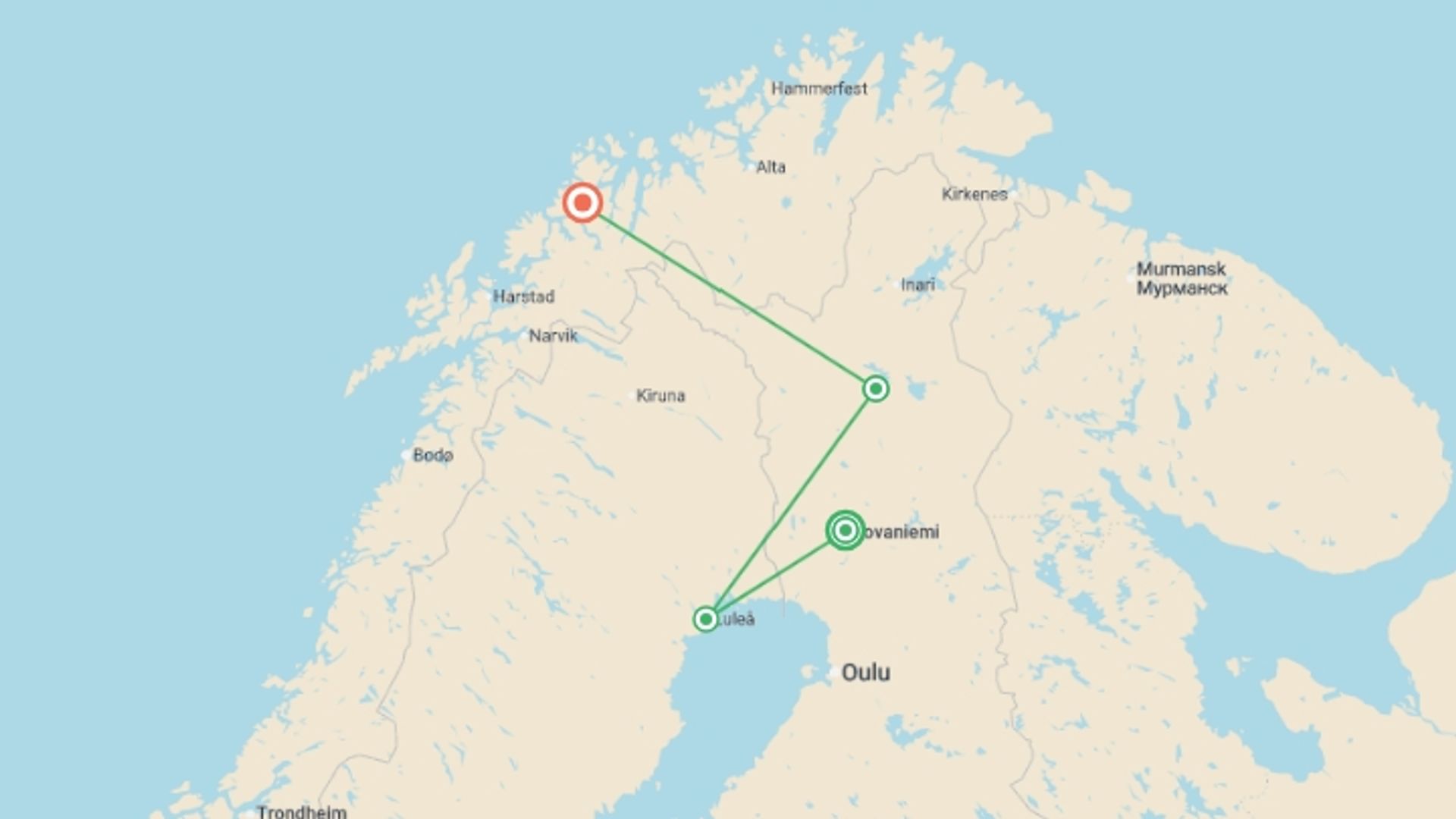 A map showing the tour itinerary for the trip: Northern Scandinavia in Winter, starting in Rovaniemi, Finland and ending in Tromso, Norway going through 2 other destinations.