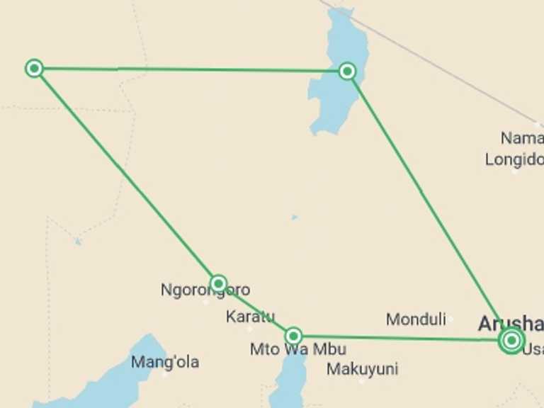 Map of 6-Day Ngorongoro Crater Tour with 6 destination visits for the trip: 6-Day Tanzania Cultural Camping Safari