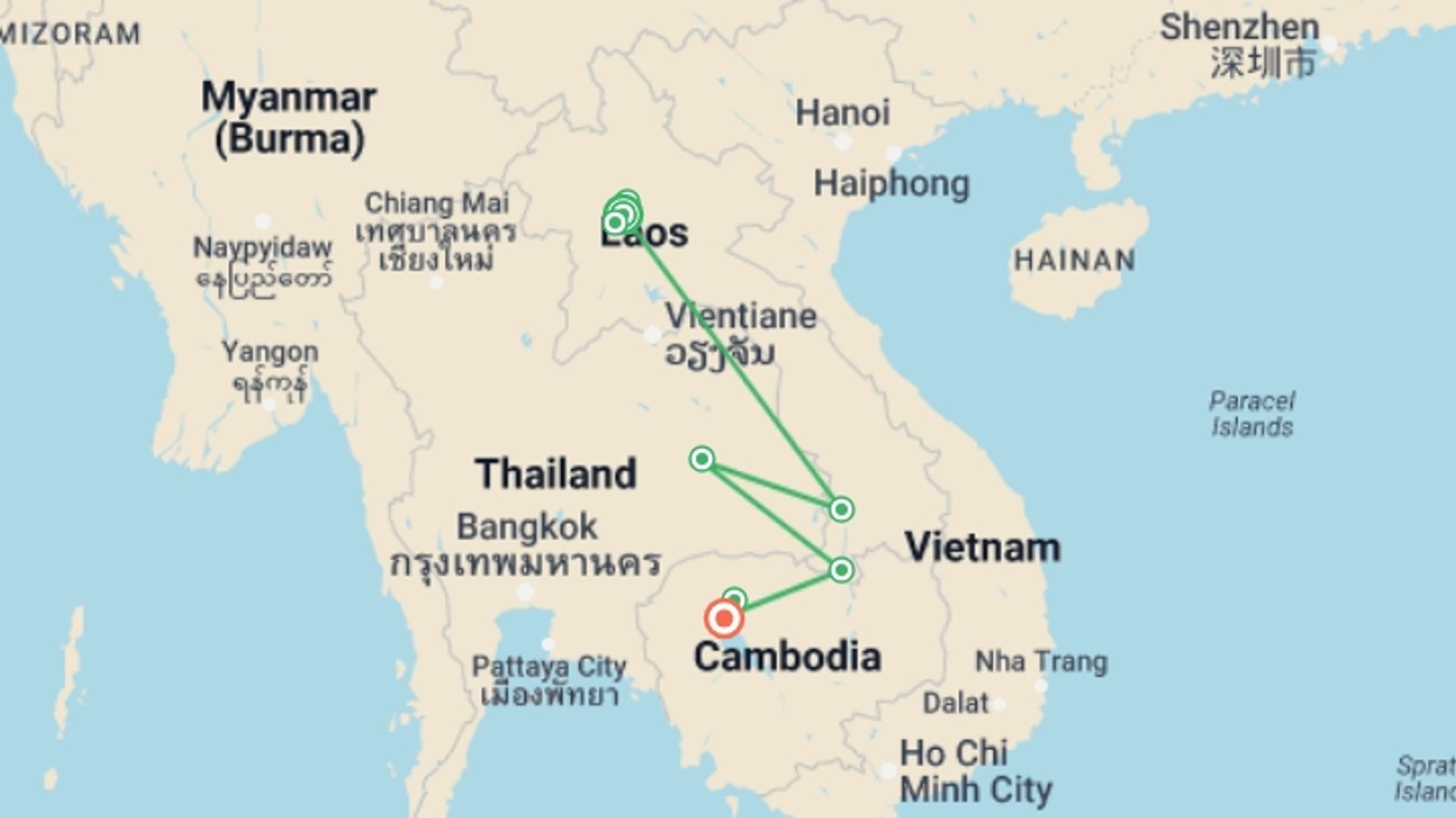 A map showing the tour itinerary for the trip: Laos & Cambodia Family Adventure, starting in Luang Prabang, Laos and ending in Siem Reap, Cambodia going through 7 other destinations.