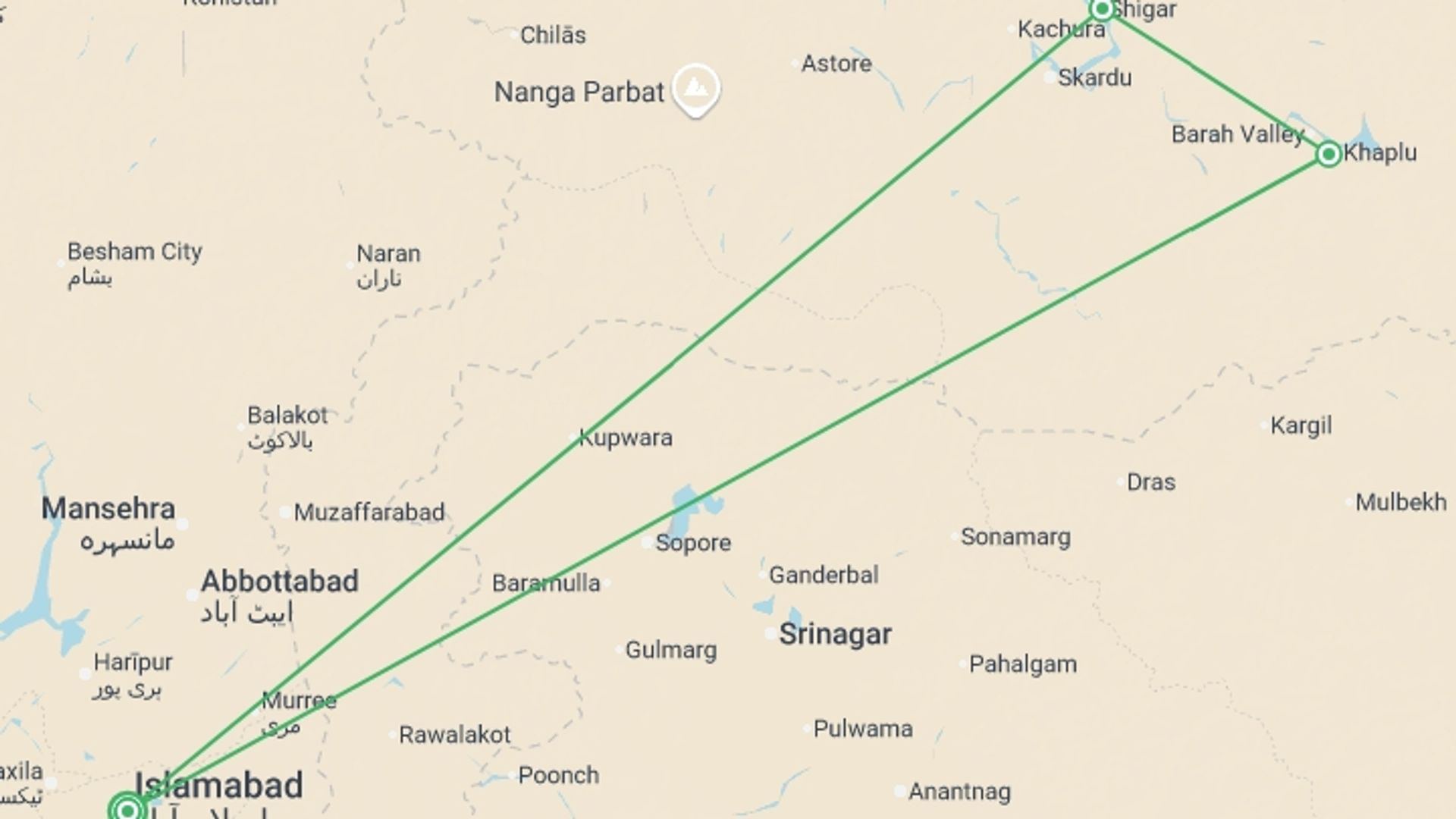 A map showing the tour itinerary for the trip: The Mointains Call 9D/8N, starting in Islamabad, Pakistan and ending in Islamabad, Pakistan going through 2 other destinations.