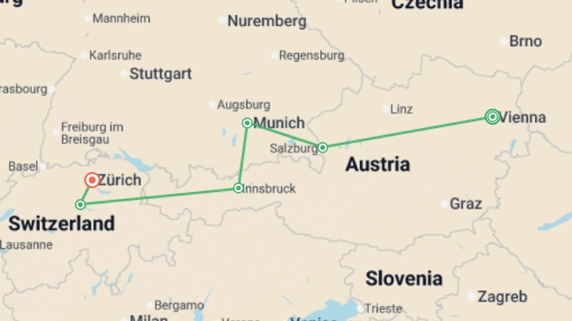 A map showing the tour itinerary for the trip: Country Roads of Bavaria, Switzerland & Austria, starting in Vienna, Austria and ending in Zurich, Switzerland going through 4 other destinations.