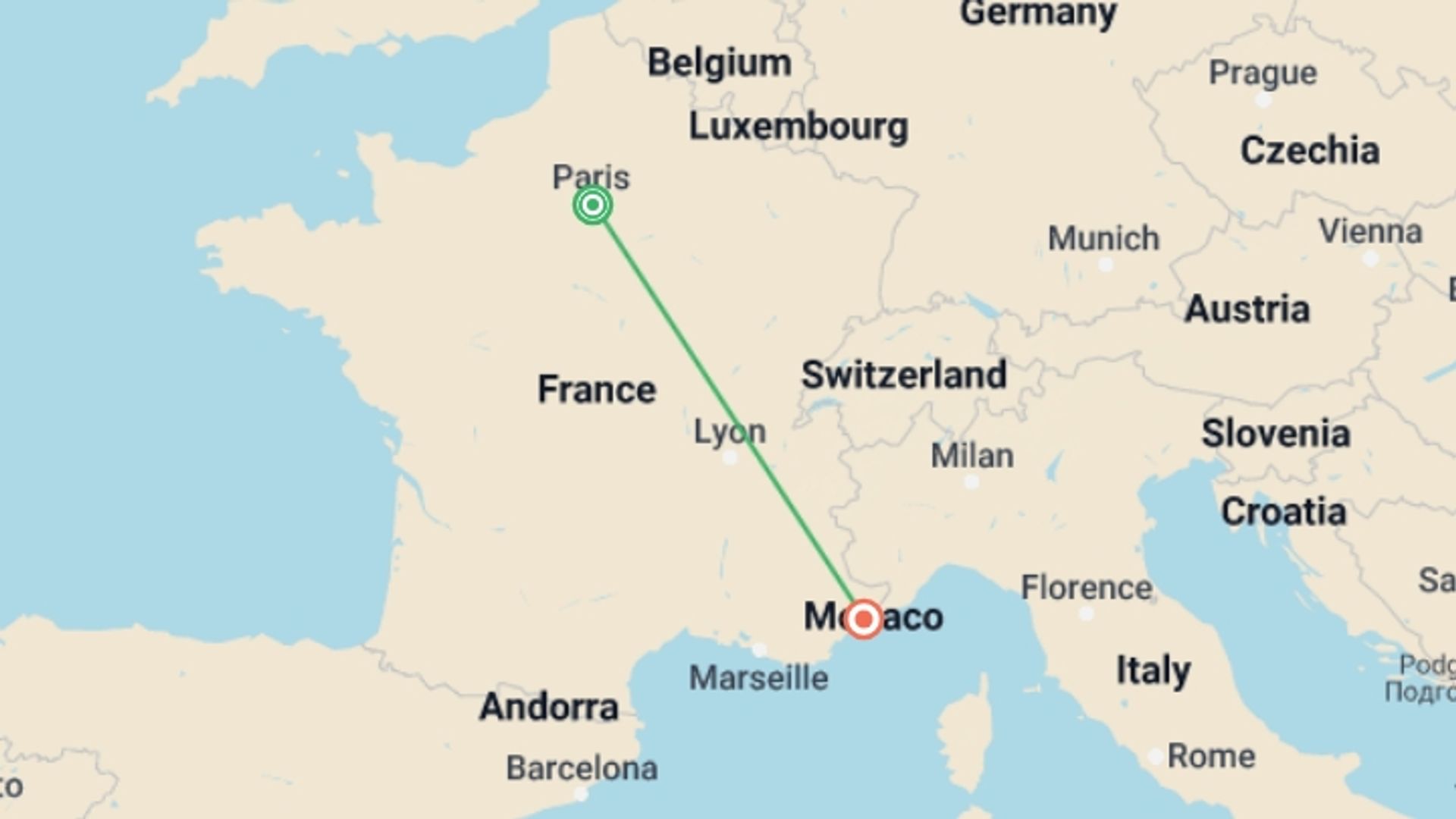 A map showing the tour itinerary for the trip: Paris and Nice City Package, starting in Paris, France and ending in Nice, France going through 0 other destinations.