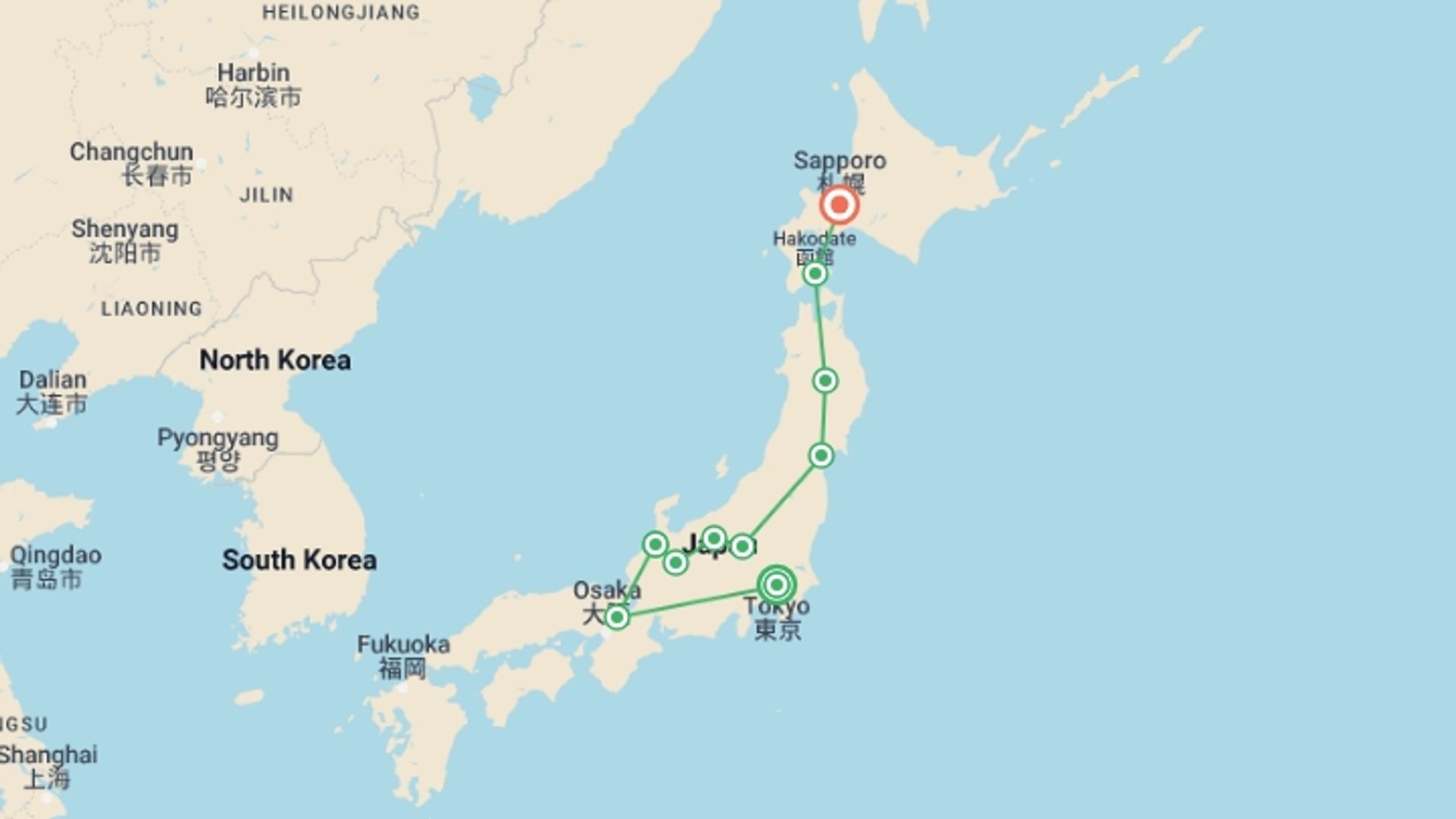 A map showing the tour itinerary for the trip: Sakura Dreams, Ending in Sapporo, starting in Tokyo, Japan and ending in Sapporo, Japan going through 8 other destinations.
