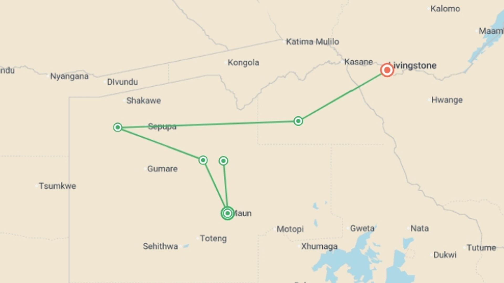 A map showing the tour itinerary for the trip: Upgraded - Botswana Wildlife Safari, starting in Maun, Botswana and ending in Victoria Falls, Zimbabwe going through 4 other destinations.