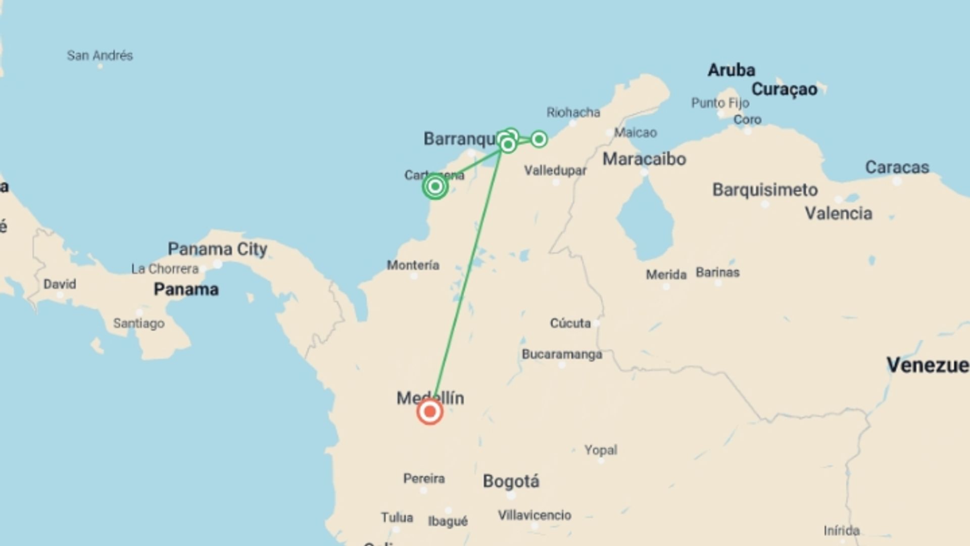 A map showing the tour itinerary for the trip: Colombian Explorer: Medellín Nights & Tayrona National Park, starting in Cartagena, Colombia and ending in Medellin, Colombia going through 4 other destinations.