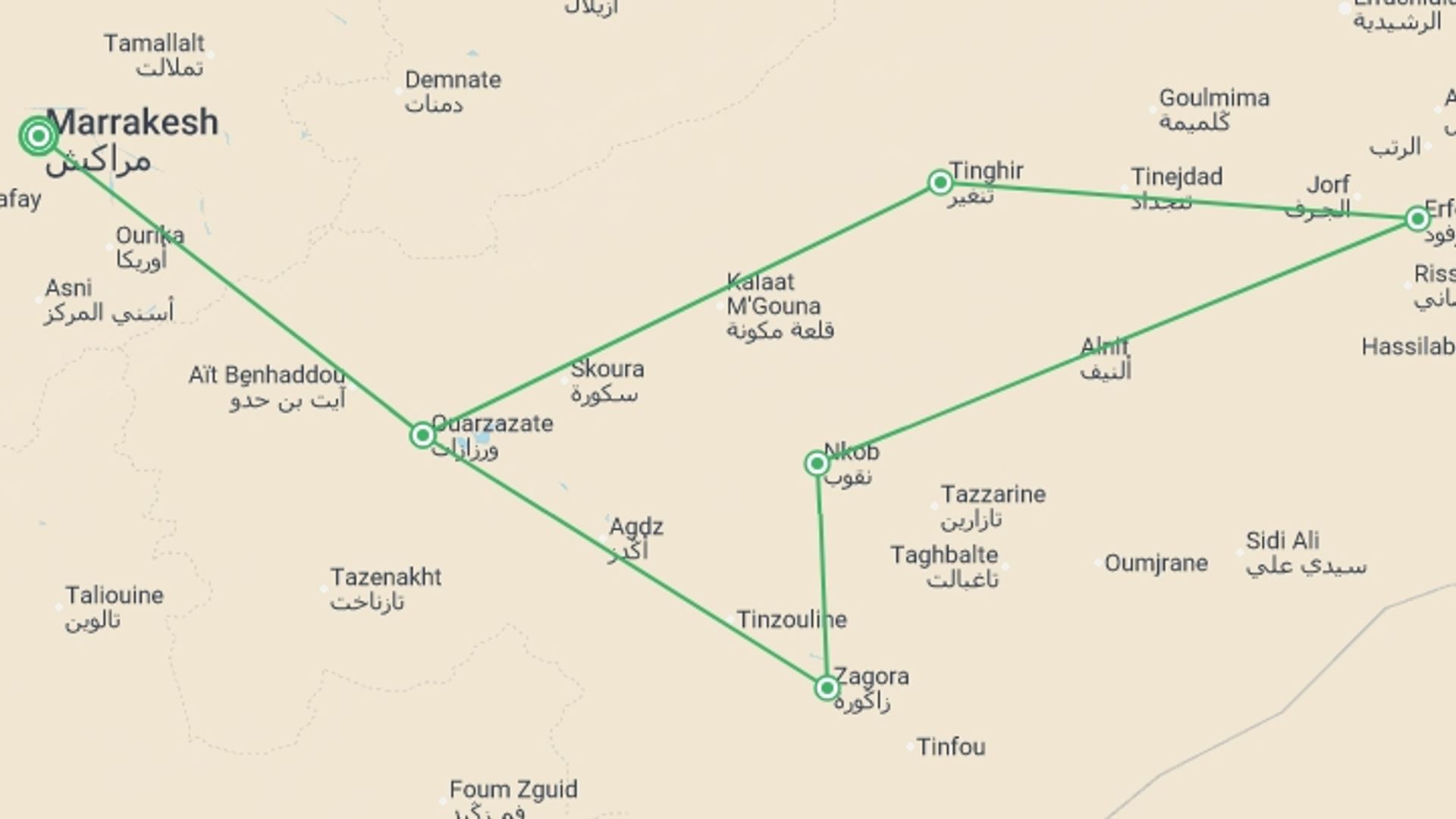 A map showing the tour itinerary for the trip: South Morocco & Kasbahs - 7 days , starting in Marrakech, Morocco and ending in Marrakech, Morocco going through 3 other destinations.