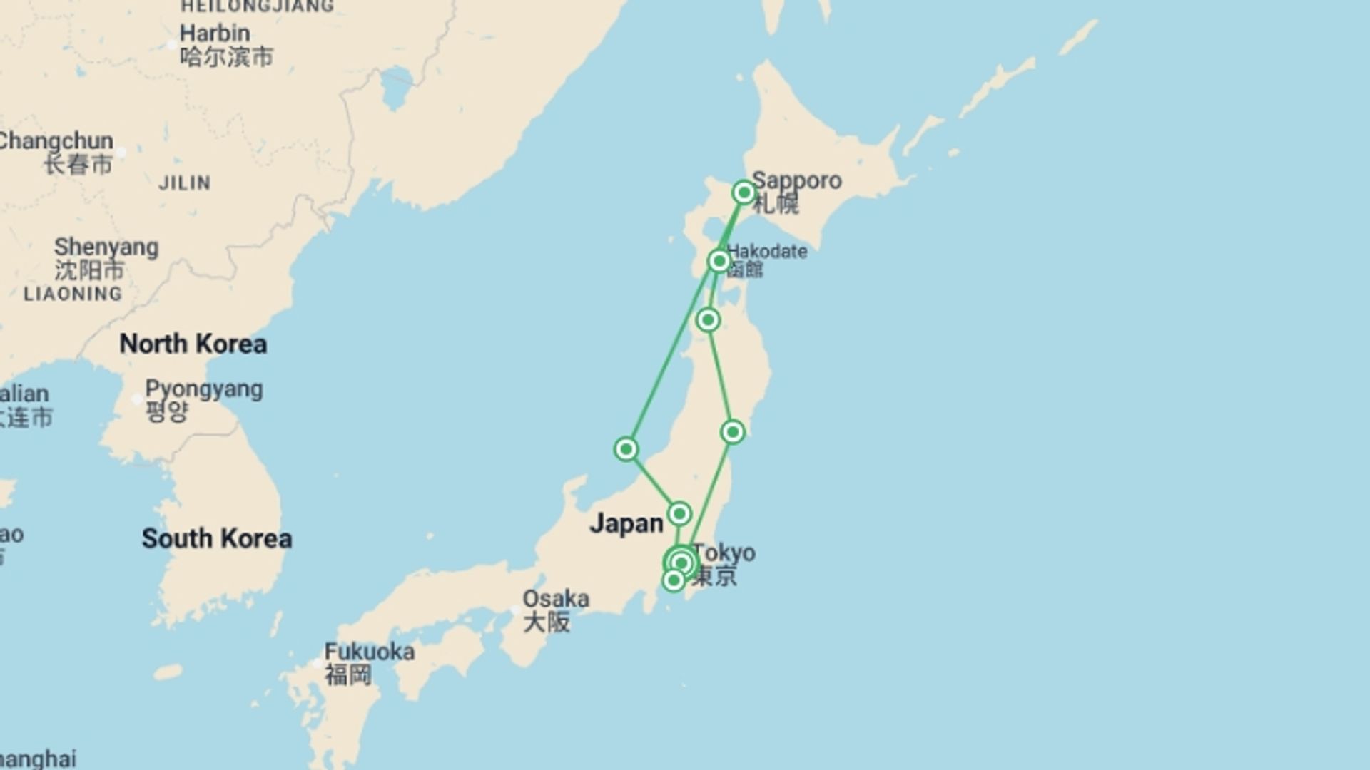 A map showing the tour itinerary for the trip: Japan Northern Explorer, starting in Tokyo, Japan and ending in Tokyo, Japan going through 7 other destinations.