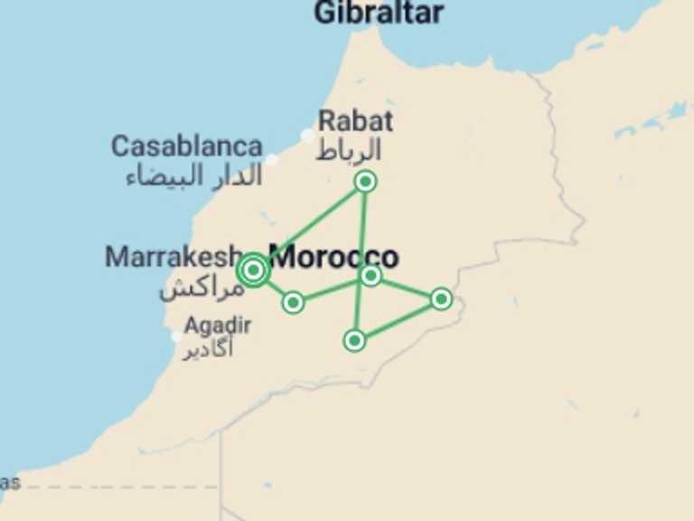 Map itinerary of Mediterranean Tour in June 2027 with 8 destination visits for the trip: Marrakech & the Sahara