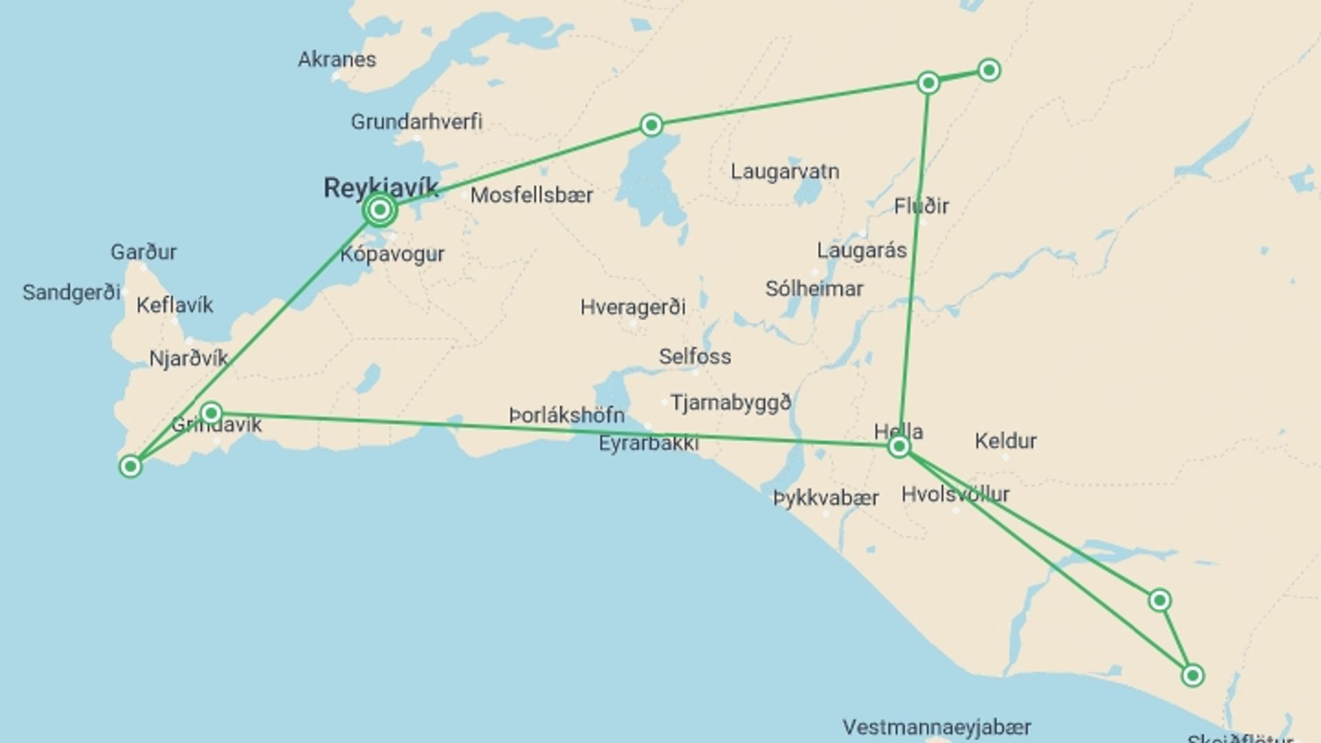 A map showing the tour itinerary for the trip: Land of the Northern Lights - 5 days, starting in Reykjavik, Iceland and ending in Reykjavik, Iceland going through 1 other destinations.