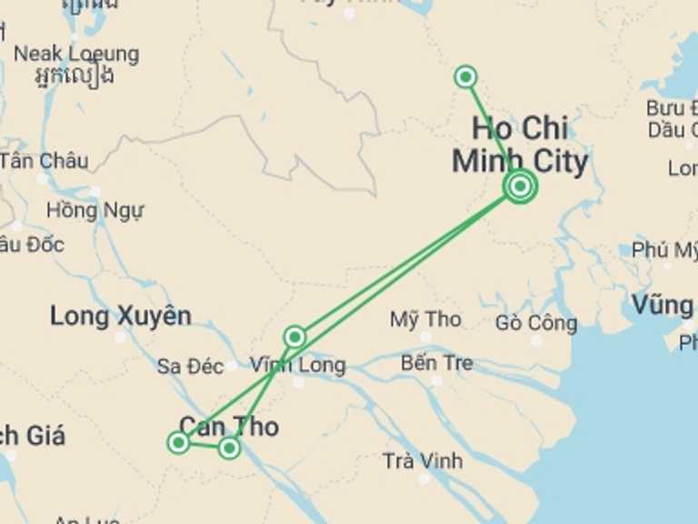 Map of Ho Chi Minh City Sightseeing Tour with 2 destination visits for the trip: Overnight Cruise Tour Mekong Delta 3 Days 2 Nights