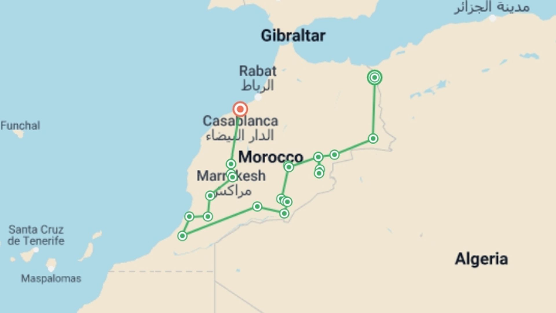 A map showing the tour itinerary for the trip: Moroccan Mountains, Steppes & Sahara Discovery, starting in Oujda, Morocco and ending in Casablanca, Morocco going through 13 other destinations.
