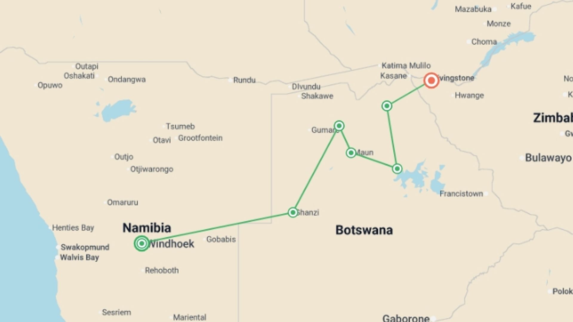 A map showing the tour itinerary for the trip: Botswana Adventure, starting in Windhoek, Namibia and ending in Victoria Falls, Zimbabwe going through 5 other destinations.