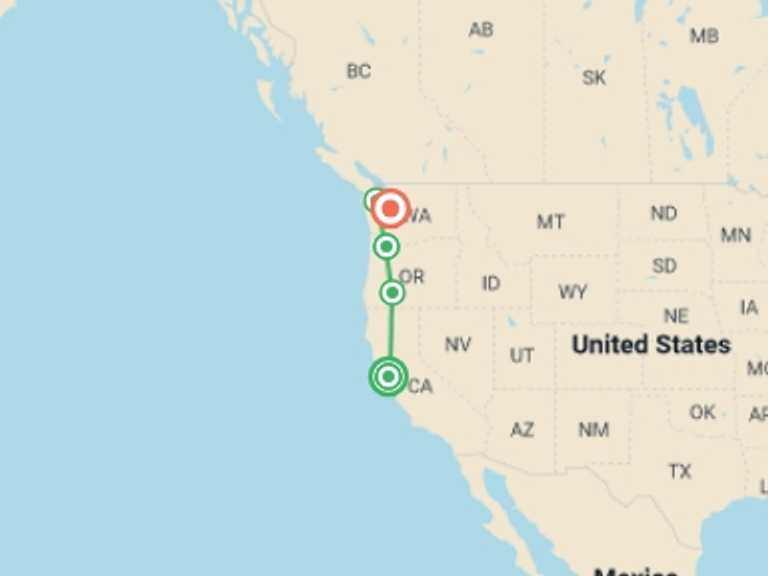 Map itinerary of San Francisco Tour in Summer with 5 destination visits for the trip: San Francisco to Seattle