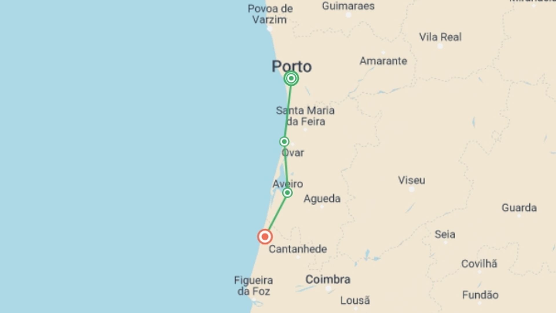 A map showing the tour itinerary for the trip: Porto Coastal Cycling, starting in Porto, Portugal and ending in Praia De Mira, Portugal going through 2 other destinations.