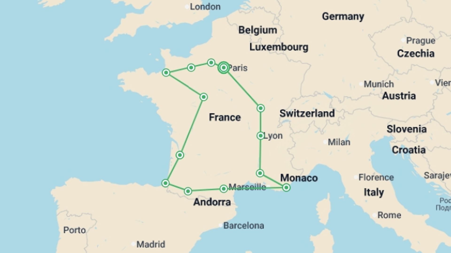 A map showing the tour itinerary for the trip: Best of France, starting in Paris, France and ending in Paris, France going through 8 other destinations.