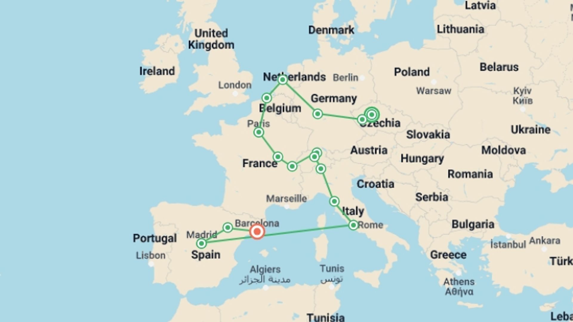 A map showing the tour itinerary for the trip: European Bliss, starting in Prague, Czech Republic and ending in Barcelona, Spain going through 0 other destinations.