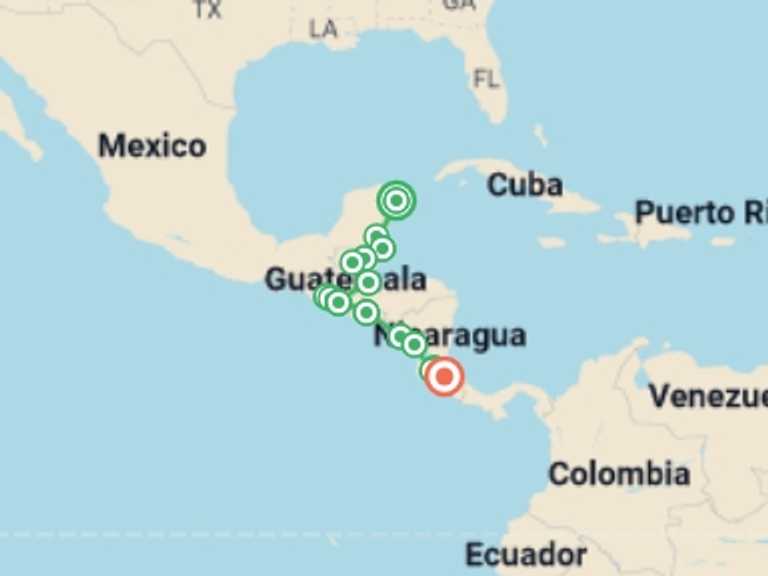 Map of South America City sightseeing Tour with 16 destination visits for the trip: Central American Adventure