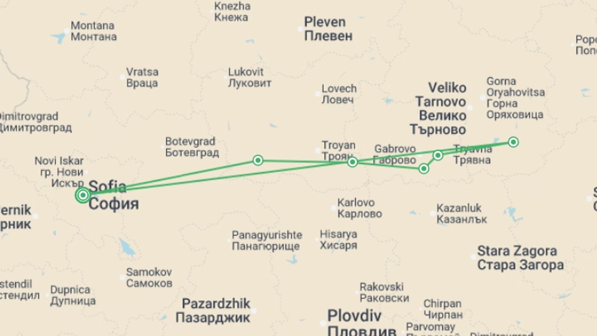 A map showing the tour itinerary for the trip: Balkan Mountains Guided Cycle, starting in Sofia, Bulgaria and ending in Sofia, Bulgaria going through 1 other destinations.