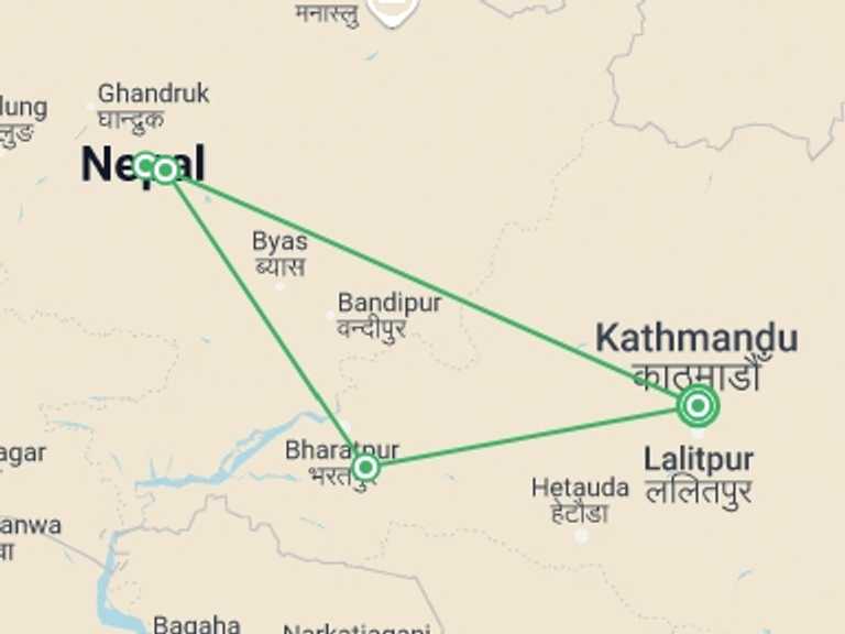 Map itinerary of Nepal Tour in Winter with 4 destination visits for the trip: Nepal Multi Sports Adventure