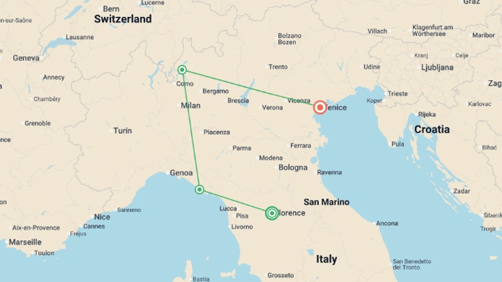 A map showing the tour itinerary for the trip: Best of Northern Italy: Florence to Venice, starting in Florence, Italy and ending in Venice, Italy going through 2 other destinations.