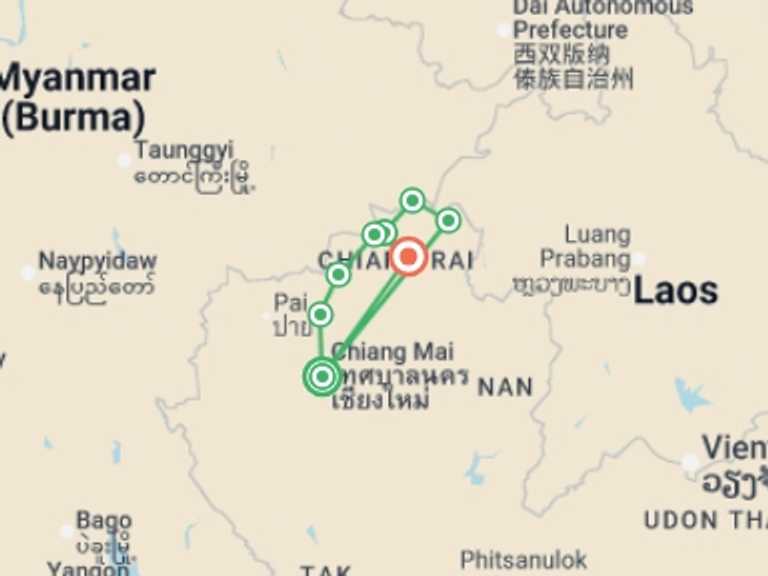 Map itinerary of Thailand Tour in November 2026 with 8 destination visits for the trip: North Thailand by Bike