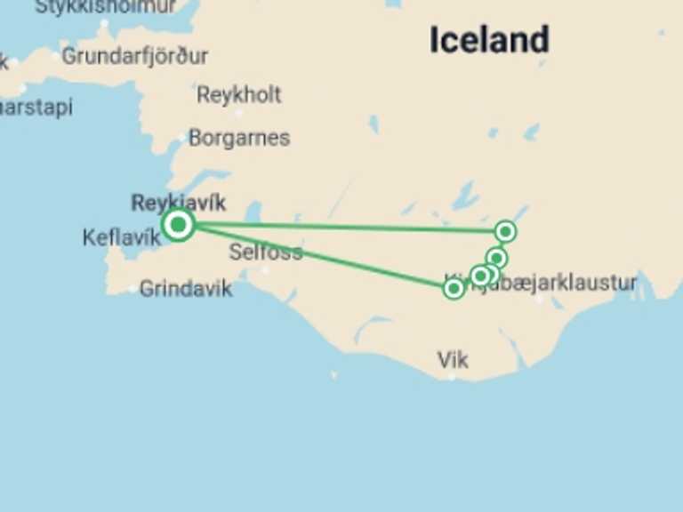 Map of Reykjavik Trekking and Hiking Tour with 6 destination visits for the trip: The Volcanic Trails
