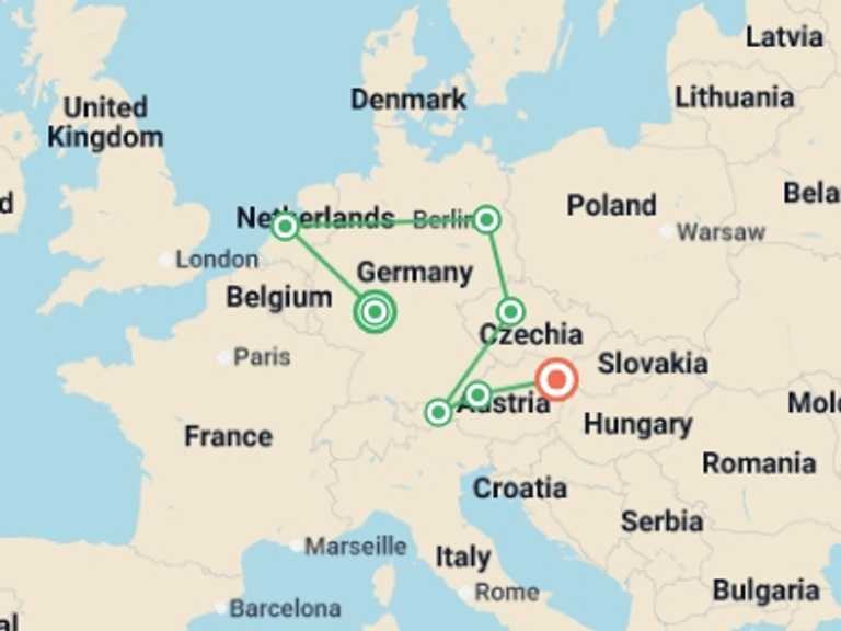 Map itinerary of Europe Tour in June 2026 with 7 destination visits for the trip: From Frankfurt to Vienna GO