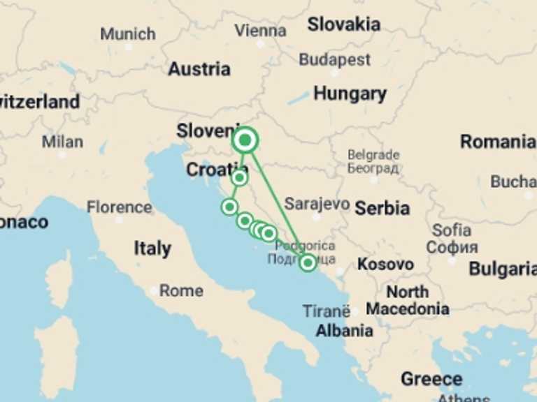 Map of a Self-drive or vehicle rental Tour with 4 destination visits for the trip: Croatia Express, Self-drive