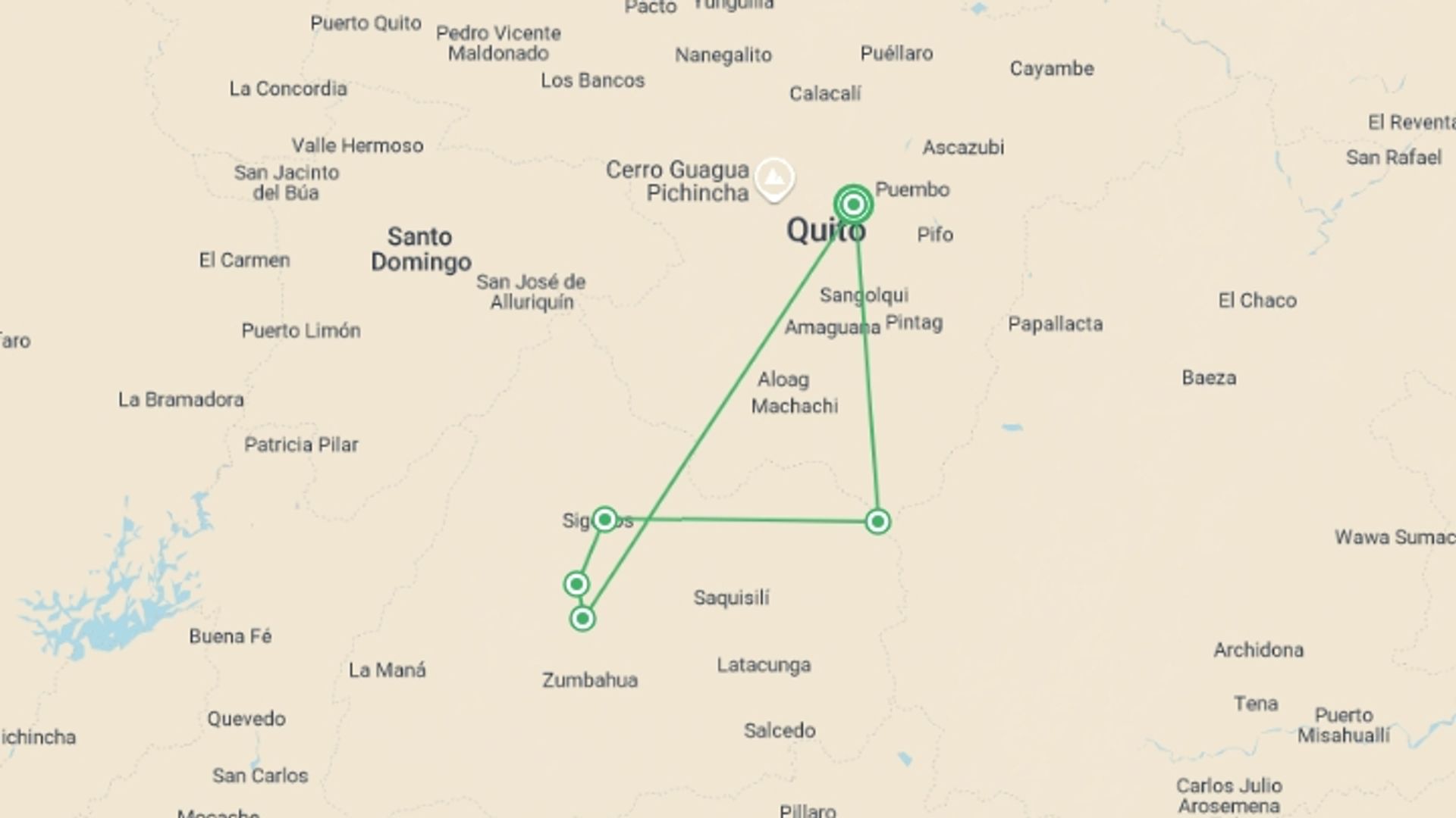 A map showing the tour itinerary for the trip: Ecuador Volcanoes Adventure 5D/4N, starting in Quito, Ecuador and ending in Quito, Ecuador going through 2 other destinations.