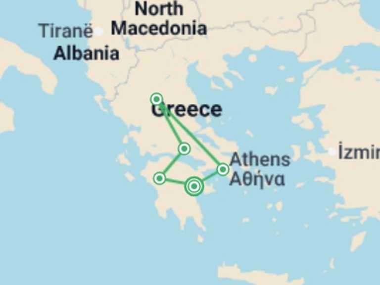 Map itinerary of Europe Tour in September 2026 with 6 destination visits for the trip: 5 Days Mainland Greece With Meteora And Nafplion