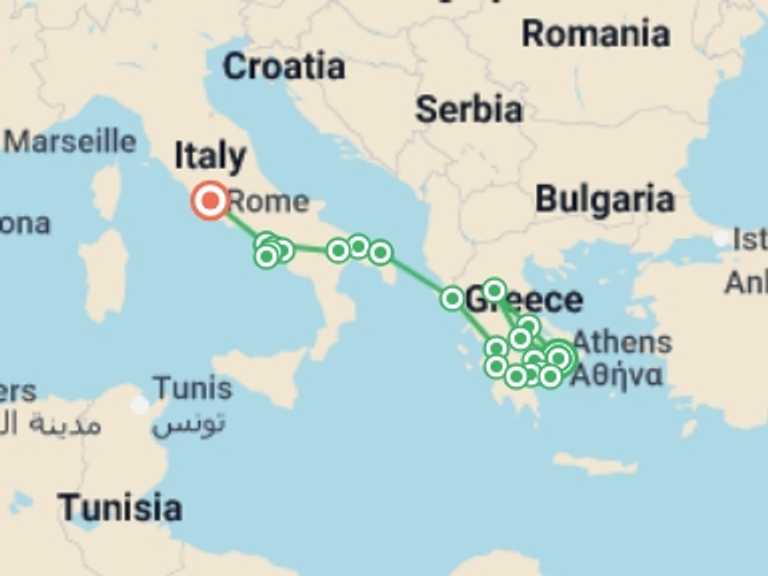 Map of Europe Cultural, religious and historic sites Tour with 8 destination visits for the trip: Complete Greece with Puglia and Campania
