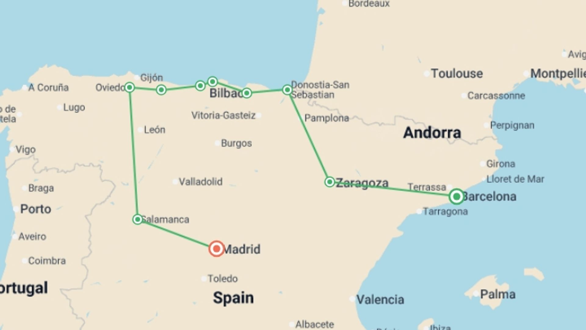A map showing the tour itinerary for the trip: Classic Northern Spain - 4 days, starting in Barcelona, Spain and ending in Madrid, Spain going through 3 other destinations.