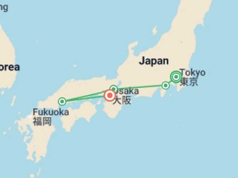 Map itinerary of Asia Tour in September 2026 with 5 destination visits for the trip: Japan Explorer 13D/12N
