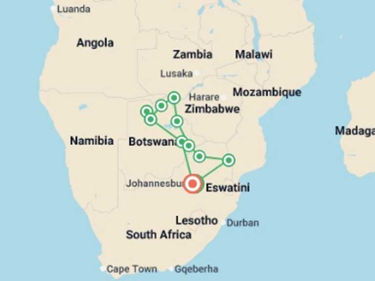 Map itinerary of Africa Tour in September 2027 with 11 destination visits for the trip: Experience Southern Africa