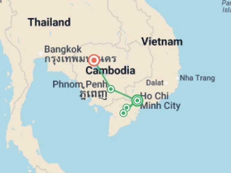 Map of South East Asia Tour with 4 destination visits for the trip: Saigon to Siem Reap (Partially Guided) - 8 days