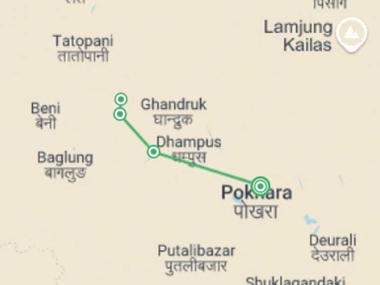 Map itinerary of Poonhill trek Tour in July 2027 with 4 destination visits for the trip: Poon Hill Trek in 3 Days