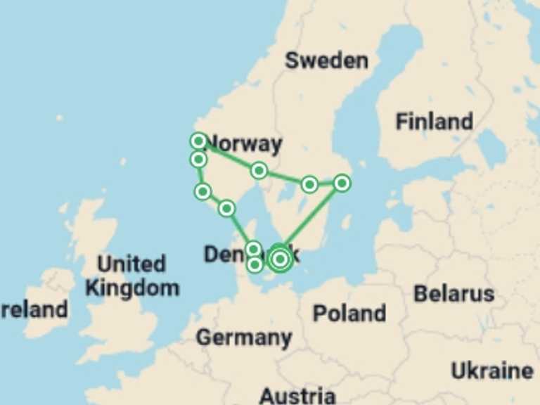 Map itinerary of Sweden Tour in August 2026 with 6 destination visits for the trip: Great Scandinavia