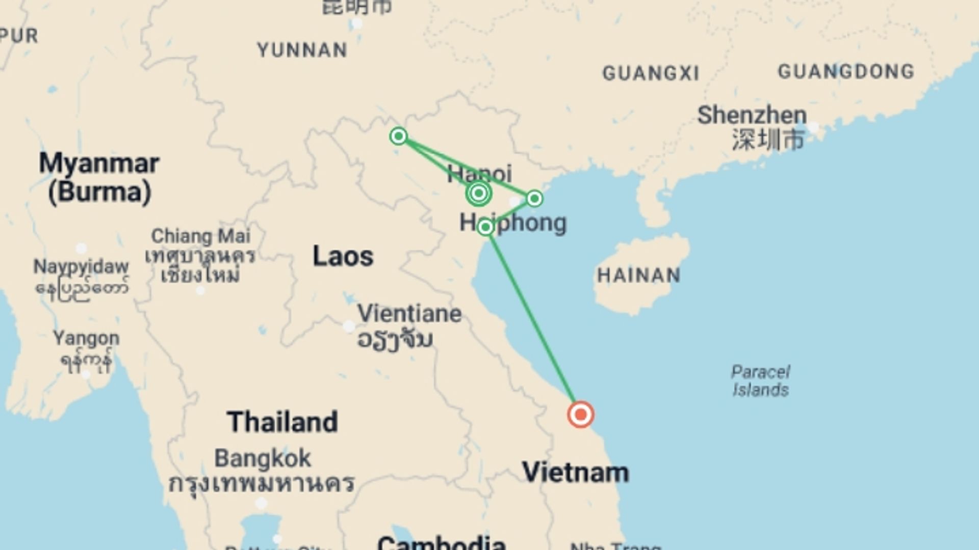 A map showing the tour itinerary for the trip: Vietnam Experience 12, starting in Hanoi, Vietnam and ending in Hoi An, Vietnam going through 4 other destinations.