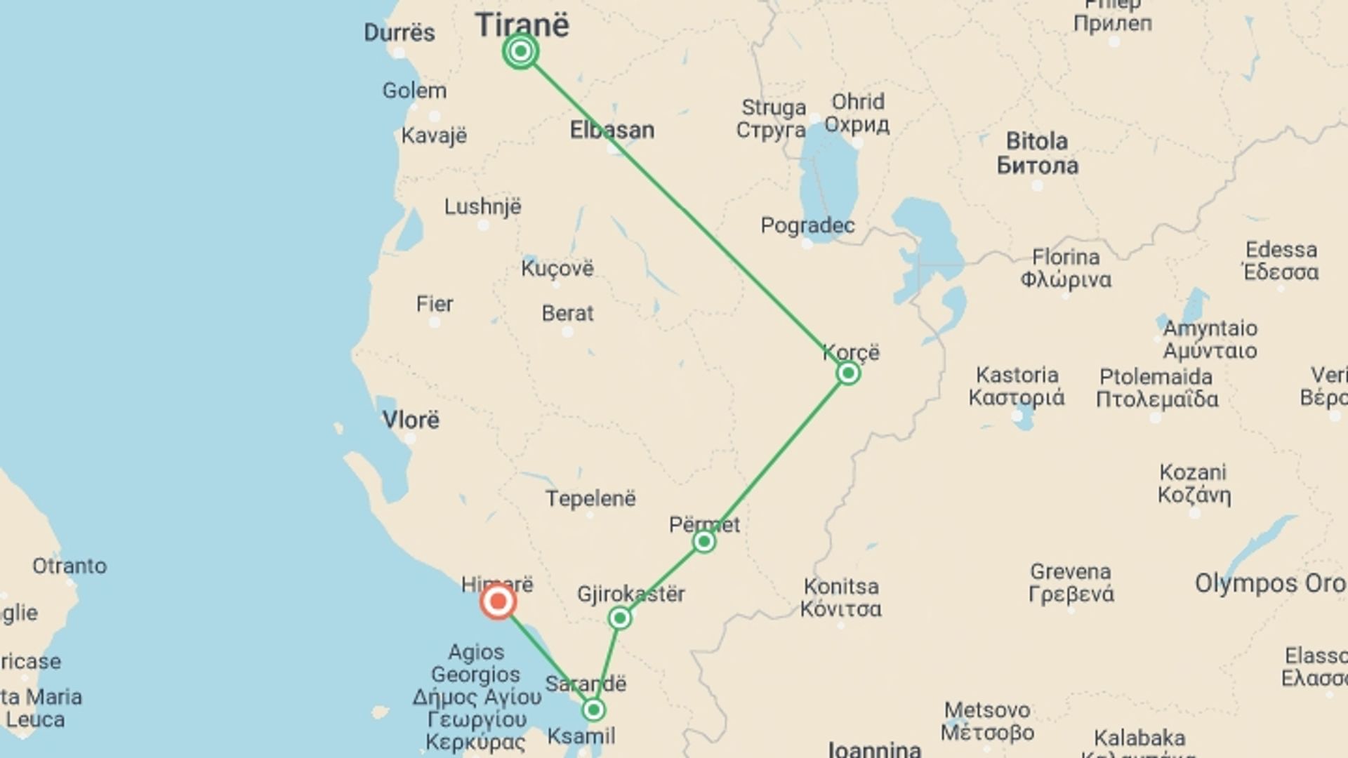 A map showing the tour itinerary for the trip: E-bike Across Southern Albania, starting in Tirana, Albania and ending in Himare, Albania going through 4 other destinations.