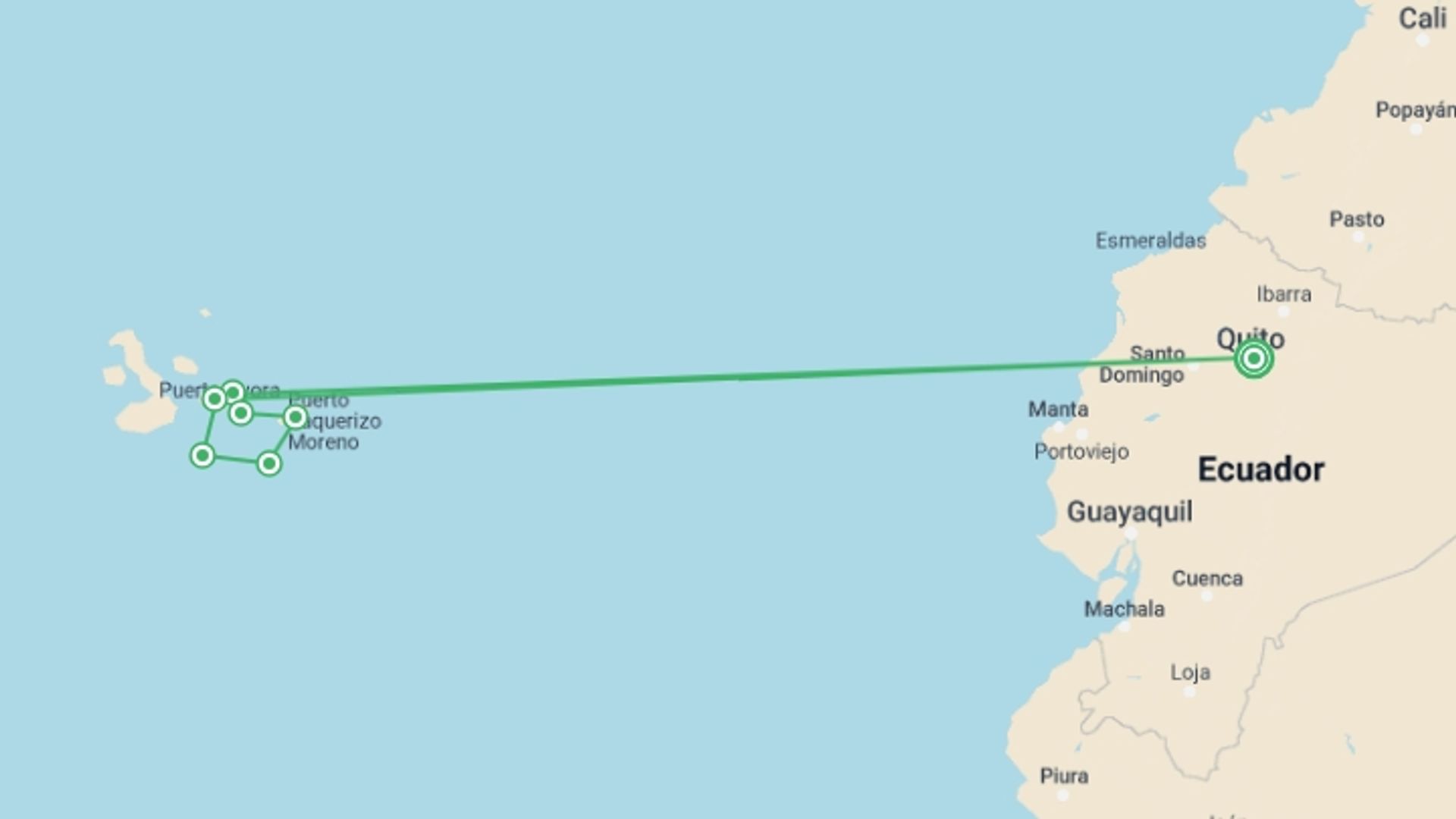 A map showing the tour itinerary for the trip: Galápagos — South & East Islands aboard the Eden, starting in Quito, Ecuador and ending in Quito, Ecuador going through 5 other destinations.